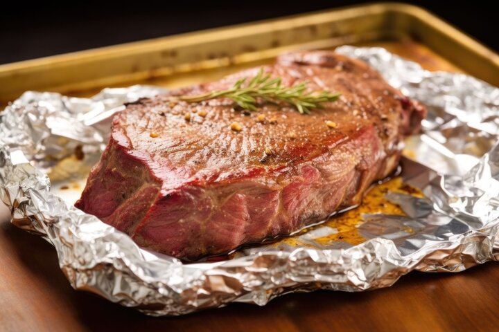 フライパンの上でじっくりと焼かれている肉厚なステーキの様子